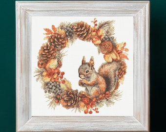 Autumn Squirrel in Wreath Cross Stitch Pattern PDF Download Printable Fall Animals Cross Stitch Pattern Autumn Woodland Animals Cross Stitch