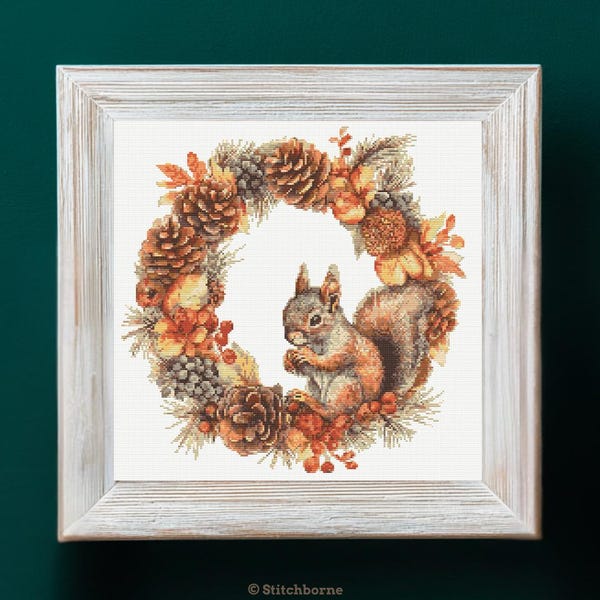 Autumn Squirrel in Wreath Cross Stitch Pattern PDF Download Printable Fall Animals Cross Stitch Pattern Autumn Woodland Animals Cross Stitch