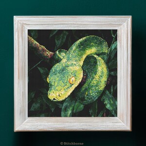 May include: A framed cross-stitch depicting a green snake coiled on a branch, with a dark leafy backdrop. The snake features yellow eyes and a textured pattern. The frame is made of light, distressed wood.