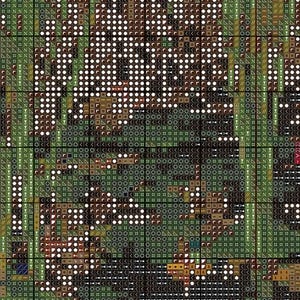 May include: A detailed cross-stitch pattern featuring a camouflage design in shades of green, brown, and white. The pattern is composed of small, square stitches, creating a textured effect. The design includes the text "XAALLL" and other symbols.