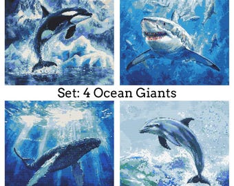 4 Ozeanriesen Kreuzstich Muster PDF Download Druckbares Hai Wal Delfin Orca Kreuzstichmuster Ozean Meeresbewohner Meerestiere