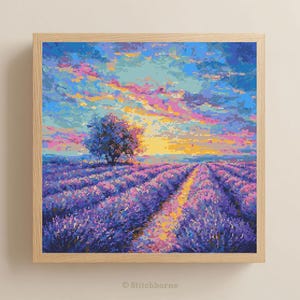 Lavendelfeld und Sonnenuntergang Kreuzstichmuster PDF Download Druckbare Vintage Lavendel Lavendel Sonnenuntergang Lavendelfeld Kreuzstichmuster