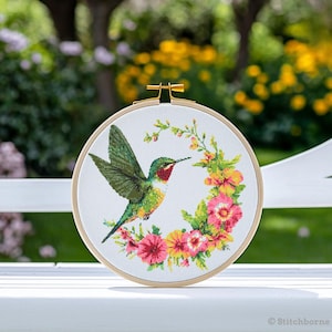 Kolibrie en bloemen kruissteekpatroon PDF Download afdrukbare kolibrie kruissteekpatronen Vintage bloemen borduurwerk vogel bloem