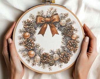 Rustic Christmas Wreath Cross Stitch Pattern PDF Download Printable DIY Rustic Christmas Decor Winter Wreath with Pinecones and Brown Bow