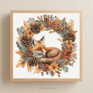 Fox in Autumn-krans kruissteekpatroon PDF Download Afdrukbare herfstvos kruissteekpatronen bosdieren kruissteekpatronen