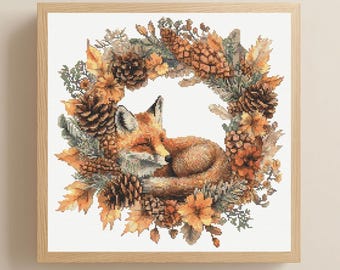 Fuchs im Herbst Kranz Kreuzstich Muster PDF Download Druckbare Herbst Fuchs Kreuzstichmuster Waldtiere Kreuzstichmuster