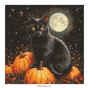 Black Cat on Pumpkins and Full Moon Cross Stitch Pattern PDF Download Printable Halloween Cat Cross Stitch Pattern Fall Autumn Cats Pumpkin