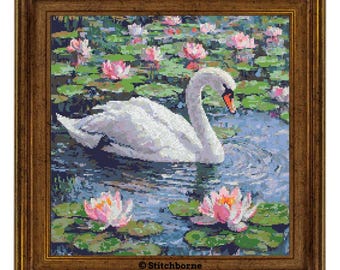 Swan in Pond Cross Stitch Pattern PDF Download Printable Swan in Lake Vintage Embroidery Nature Waterlilies Swan Lake Xstitch Pattern Keeper