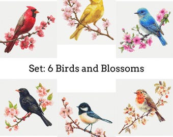 6 Birds and Blossoms Cross Stitch Patterns, Spring Birds, PDF Digital Download