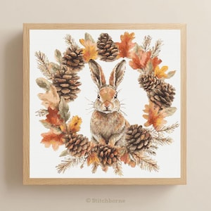 Hare in Autumn Wreath Cross Stitch Pattern PDF Download Printable Hare Cross Stitch Patterns Fall Woodland Animals Cross Stitch Patterns