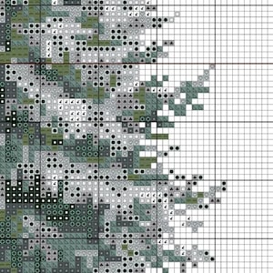 May include: A cross-stitch pattern featuring a detailed design of a tree. The pattern uses various shades of green, gray, and black to create a textured, naturalistic look. The design is set against a grid background, ideal for needlework projects.