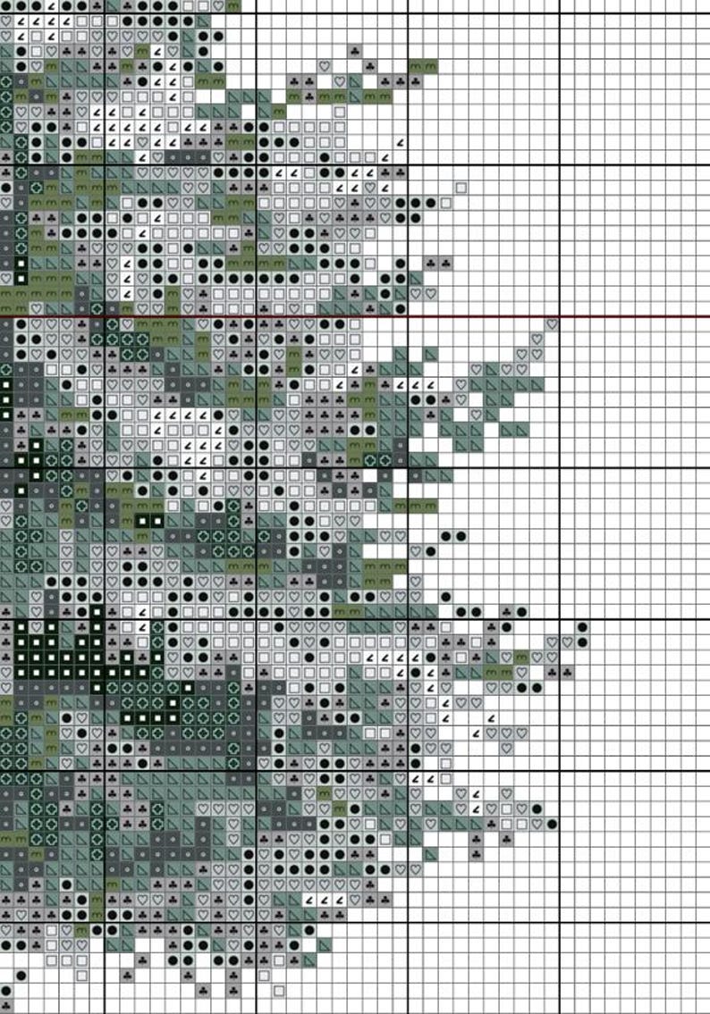 May include: A cross-stitch pattern featuring a detailed design of a tree. The pattern uses various shades of green, gray, and black to create a textured, naturalistic look. The design is set against a grid background, ideal for needlework projects.