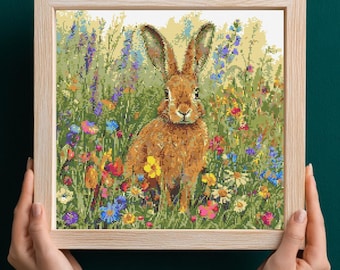 Hare in Wildflowers Cross Stitch Pattern PDF Download Printable Vintage Hare Floral Embroidery Flowers Nature Hare Cross Stitch Patterns