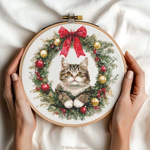 Cat in Christmas Wreath Cross Stitch Pattern PDF Download Digital Download Adorable Cat in Festive Wreath with Baubles and Red Bow