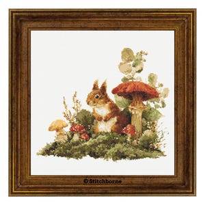 Squirrel and Mushrooms Cross Stitch Pattern PDF Download Printable Vintage Fall Woodland Animals Embroidery Autumn Cross Stitch Patterns