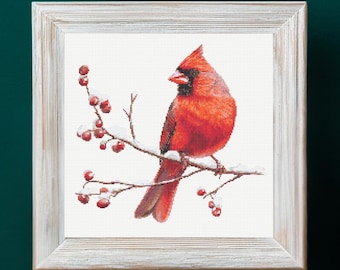 May include: A framed cross-stitch of a vibrant red cardinal perched on a snow-covered branch with red berries. The artwork is set against a white background within a rustic, light-colored wooden frame.