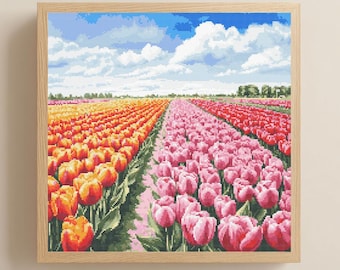 Tulip Field Cross Stitch Pattern, Flowers, Tulips Cross Stitch, PDF Digital Download