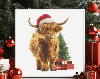 Christmas Highland Cow Cross Stitch Pattern PDF Download Printable Christmas Animals Cross Stitch Patterns Christmas Highland Cow Patterns