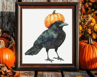 カボチャの帽子をかぶったカラスのクロスステッチのパターン PDF ダウンロード 印刷可能なハロウィーンのカラスのクロスステッチのパターン 黒いカラスのパターン 秋のクロスステッチ