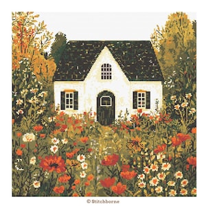 Autumn Cottage Cross Stitch Pattern PDF Download Printable House with Flowers Fall Cottage Cross Stitch Patterns Cozy Autumn Patterns
