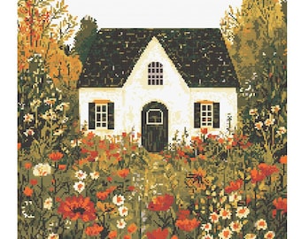 Autumn Cottage Cross Stitch Pattern PDF Download Printable House with Flowers Fall Cottage Cross Stitch Patterns Cozy Autumn Patterns