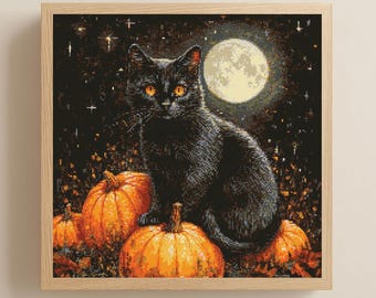 Schwarze Katze auf Kürbisse und Vollmond Kreuzstichmuster PDF Download Druckbare Halloween Katze Kreuzstichmuster Herbst Herbst Katzen Kürbis