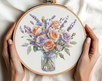Roses and Lavender Cross Stitch Pattern PDF Digital Download Summer Flowers Embroidery Pastel Bouquet in Vase Floral Cross Stitch Patterns