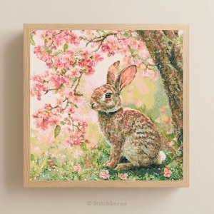 Wild Rabbit in Spring Cross Stitch Pattern PDF Download Printable Vintage Embroidery Cute Rabbit Cross Stitch Patterns Pink Cherry Blossoms