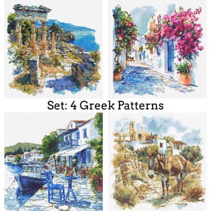 Op de afbeelding: Set van vier kruissteekpatronen met Griekse scènes. De afbeeldingen tonen oude ruïnes, een straat met bloemen, een haven met een boot en een ezel. De tekst luidt "Set: 4 Greek Patterns."