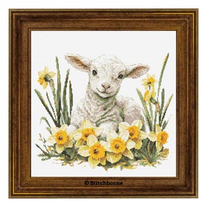 Lamb in Daffodils Cross Stitch Pattern, Spring Animals, Lamb in Spring, PDF Digital Download
