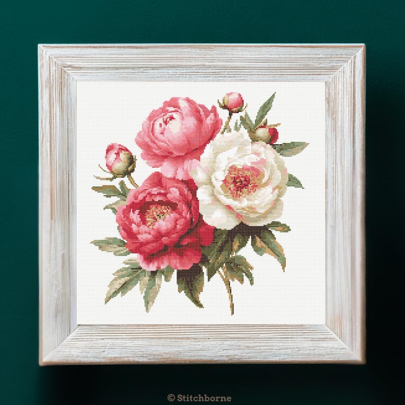 Peonies Cross Stitch Pattern PDF Download Printable Pink Flowers Romantic Vintage Embroidery Peonies Spring Flowers Xstitch Pattern Keeper image 2