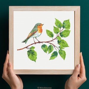 Robin on Summer Branch Cross Stitch Pattern PDF Download Printable Summer Robin Cross Stitch Patterns Bird Robin on Branch with Green Leaves