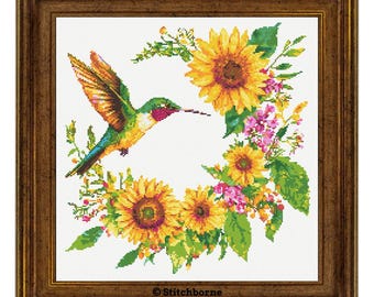 Summer Hummingbird in Wreath Cross Stitch Pattern PDF Download Printable Bird Birds Sunflowers Embroidery Hummingbird Cross Stitch Pattern