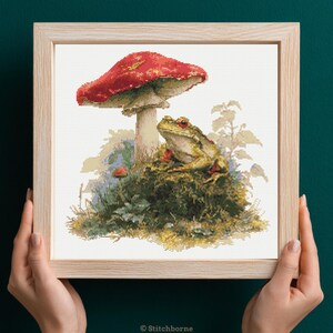 Frog and Mushroom Cross Stitch Pattern PDF Download Printable Vintage Embroidery Frog Cross Stitch Pattern Autumn Woodland Frogs Nature Fall