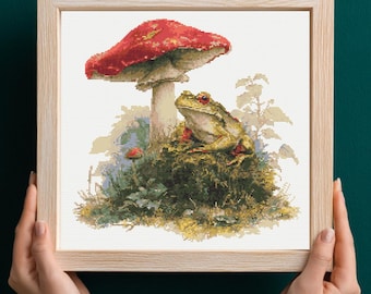 Frog and Mushroom Cross Stitch Pattern PDF Download Printable Vintage Embroidery Frog Cross Stitch Pattern Autumn Woodland Frogs Nature Fall