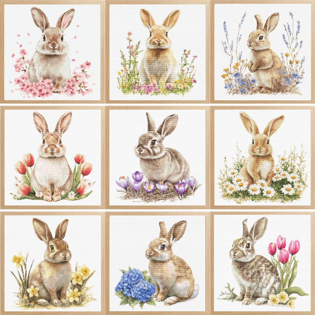 9 Spring Rabbits Cross Stitch Patterns, Spring Animals, Easter Bunny ...