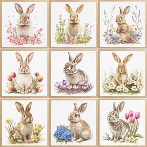 Op de afbeelding: Negen vierkante ingelijste prints met aquarel illustraties van konijnen en bloemen. Elk konijn heeft een andere vachtkleur en is gepositioneerd voor verschillende bloemen, waaronder tulpen, madeliefjes en lavendel. De frames zijn lichtbruin.