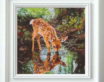 Fawn Drinking Water Cross Stitch Pattern PDF Download Printable Deer Embroidery Forest Animals Cross Stitch Patterns Fawn Cross Stitch