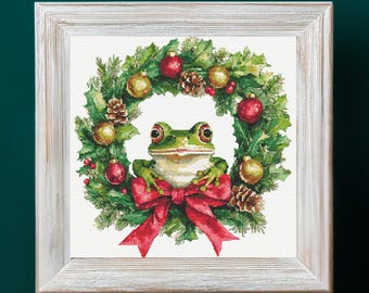 Frog in Christmas Wreath Cross Stitch Pattern PDF Digital Download Christmas Frog in Festive Pine Wreath with Baubles and Red Bow