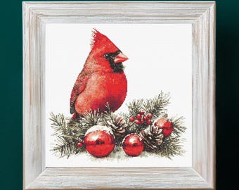 Korsstygnsmönster med röd kardinal och julgranskulor, festlig vinterfågel och ornament, PDF digital nedladdning