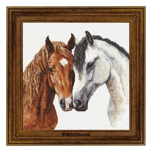 Peut inclure: Une broderie au point de croix encadrée représentant deux chevaux, l'un châtain et l'autre gris et blanc, se touchant. Le cadre est de couleur marron foncé. L'image est un gros plan des têtes des chevaux. Le texte "Stitchborne" est dans le coin inférieur droit.