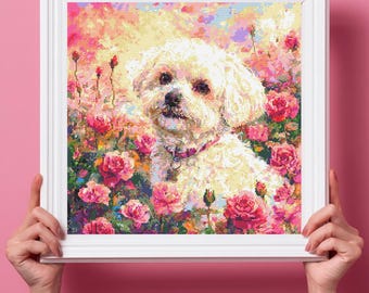 ローズガーデンのビションフリーゼのクロスステッチパターンPDFダウンロード印刷可能な犬種犬ビションフリーゼのクロスステッチパターン花柄