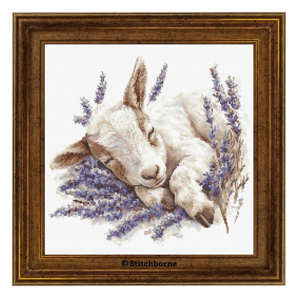 Baby Goat in Lavender Cross Stitch Pattern, Animals and Flowers, PDF Digital Download