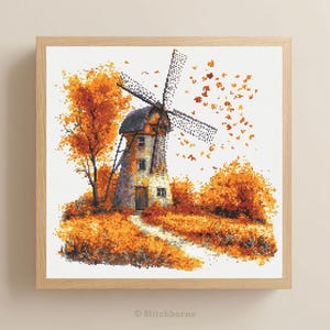 Autumn Windmill Cross Stitch Pattern PDF Download Printable Fall Cross Stitch Patterns Rural Autumn Landscape Embroidery  Pattern Keeper