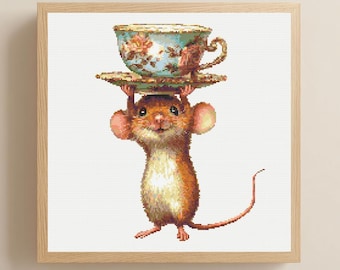 Mouse with Teacup Cross Stitch Pattern PDF Download Printable Vintage Embroidery Cute Animals Funny Mouse Whimsical Adorable Mouse Patterns