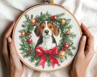 Beagle in Christmas Wreath Cross Stitch Pattern PDF Digital Download Christmas Dog in Festive Green Pine Wreath with Baubles and Red Bow