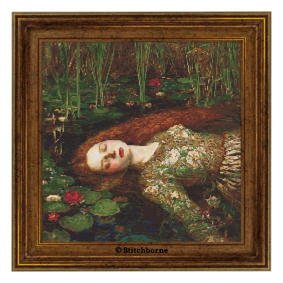Ophelia Cross Stitch Pattern PDF Download Printable Pre-Raphaelite Woman Cross Stitch Pattern Shakespeare’s Hamlet Cross Stitch Pattern