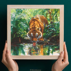 Tiger Drinking Water Cross Stitch Pattern PDF Download Printable Tiger Cross Stitch Patterns Wildlife Exotic Animals Big Cat Tiger in Jungle