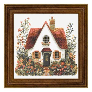 Autumn Cottage Cross Stitch Pattern PDF Download Printable House with Flowers Vintage Embroidery Home Floral Cottage Xstitch Pattern Keeper