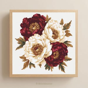 Burgundy and White Peonies Cross Stitch Pattern PDF Download Printable Vintage Flowers Embroidery White Peony Cross Stitch Pattern Keeper